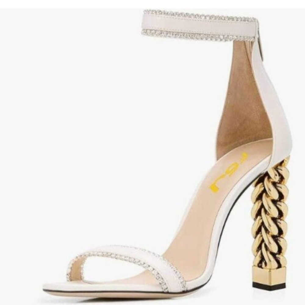 FSJ White Rhinestones Gold Metal Chain Chunky High Heels Ankle Strap Sandals
